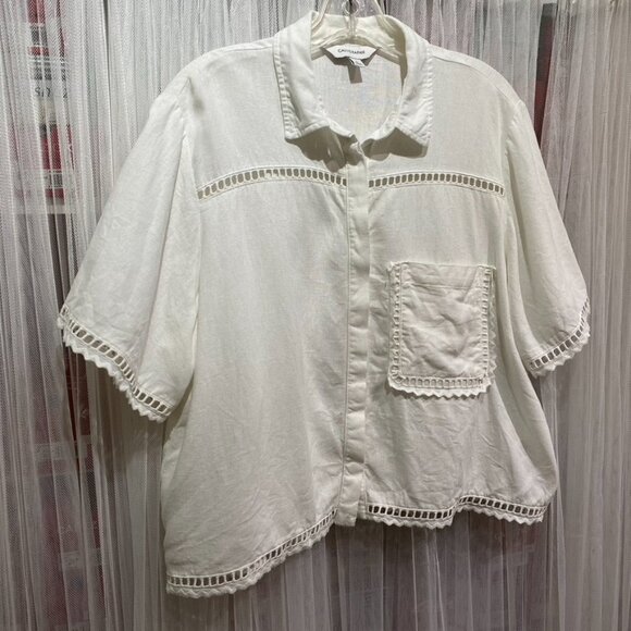 Calligraphie Linen Blend Boxy Button Down Shirt Size Large White Beachy - Picture 3 of 12